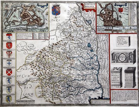 John Speed Map of Northumberland, 1610, 15.5 x 20.25in.